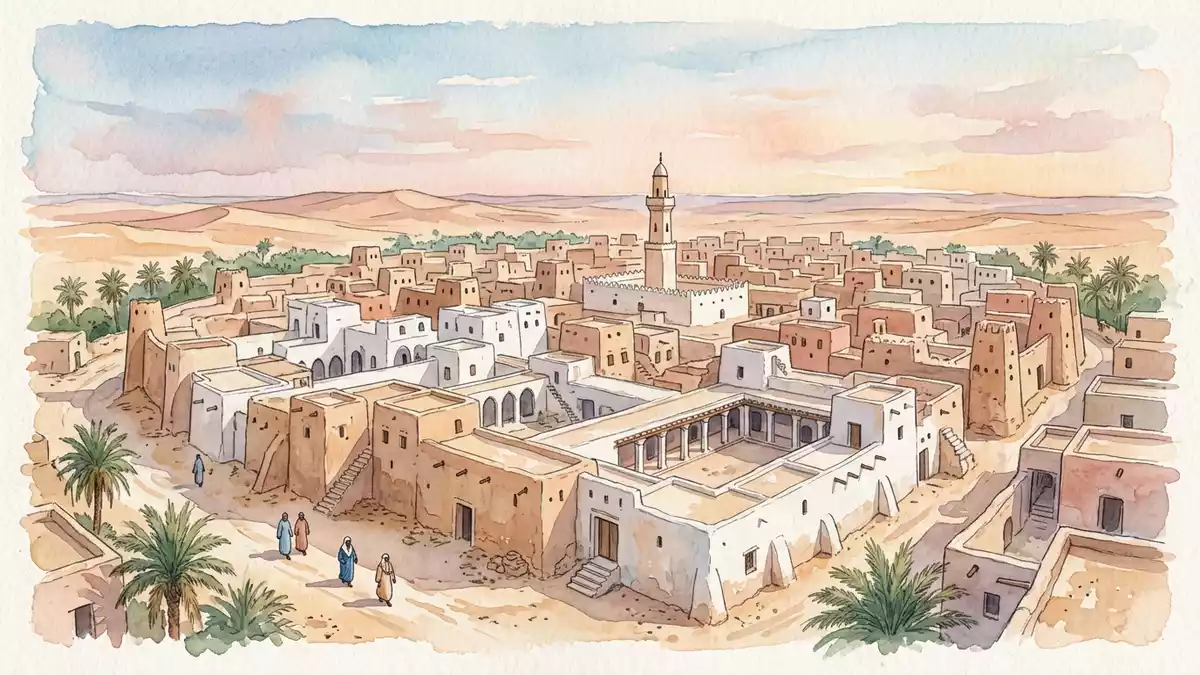 Aquarell-Illustration von Ghadames-Oase in Ghadames, Libyen als Reiseposter