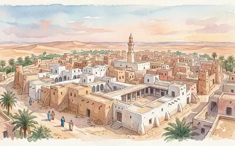 Aquarellillustration des Wahrzeichens Ghadames-Oase in Ghadames Libyen, weiche Farbverläufe und pastelliges Reiseposter-Feeling - Foto: THN
