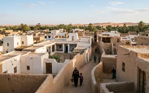 Editorialbild im Reisemagazin-Stil vom Wahrzeichen Ghadames-Oase in Ghadames Libyen, ausgewogene Bildgestaltung und natuerliches Umgebungslicht - Foto: THN
