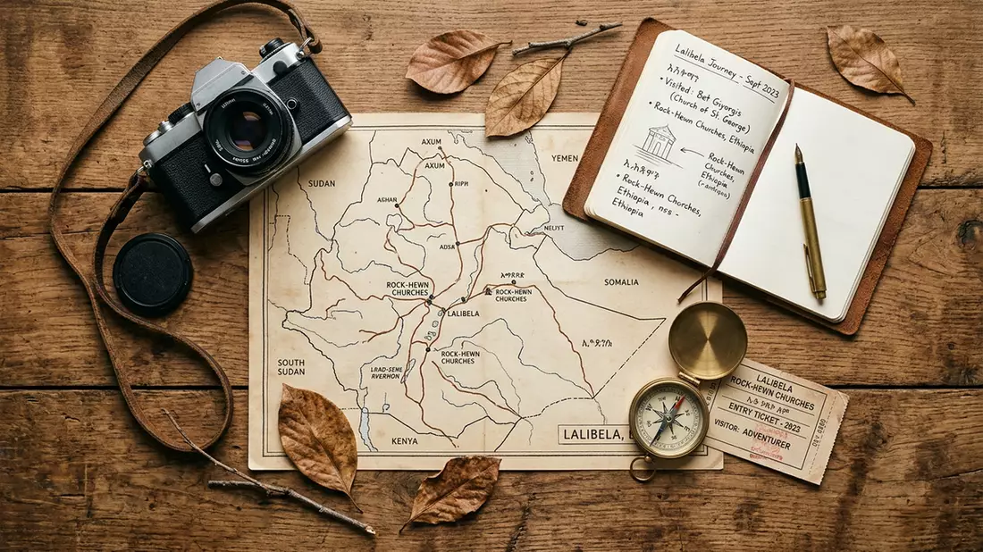Flatlay-Reise-Arrangement rund um Felsenkirchen von Lalibela in Lalibela, Athiopien