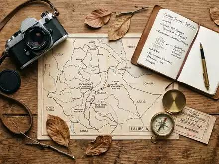Flatlay-Reise-Arrangement rund um Felsenkirchen von Lalibela in Lalibela Athiopien, Karte Kompass Kamera und generische Reiserequisiten - Foto: THN
