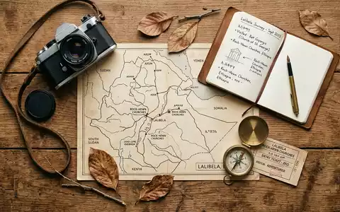 Flatlay-Reise-Arrangement rund um Felsenkirchen von Lalibela in Lalibela Athiopien, Karte Kompass Kamera und generische Reiserequisiten - Foto: THN