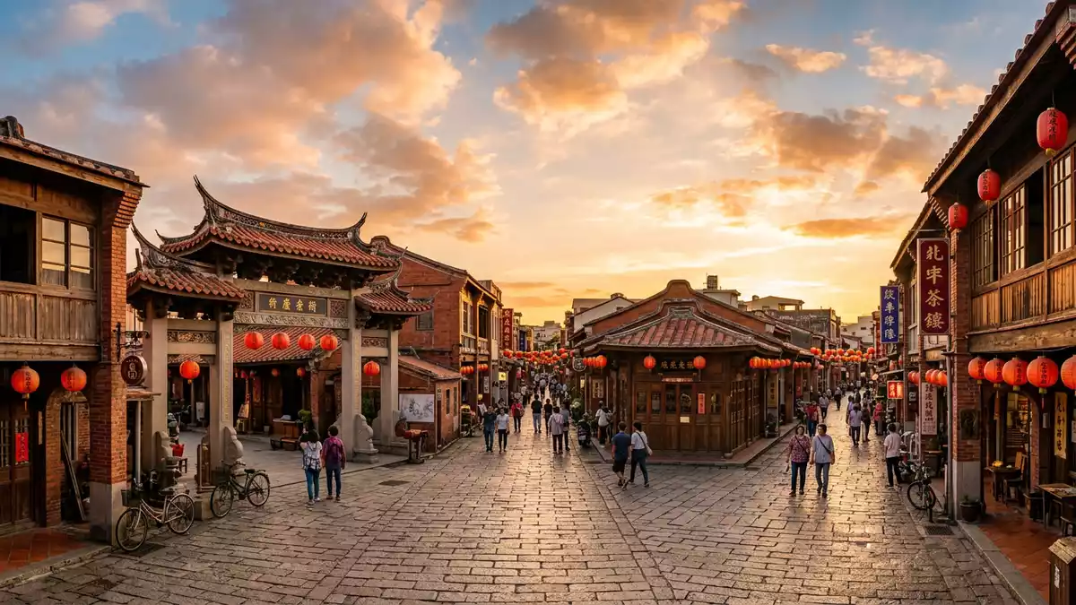 Fotorealistische Ansicht von Lukang Old Street in Changhua, Taiwan im Abendlicht