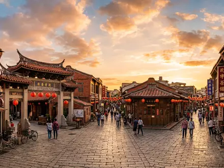 Fotorealistische Panoramaaufnahme von Lukang Old Street in Changhua Taiwan, warmes Abendlicht auf Wahrzeichen - Foto: THN