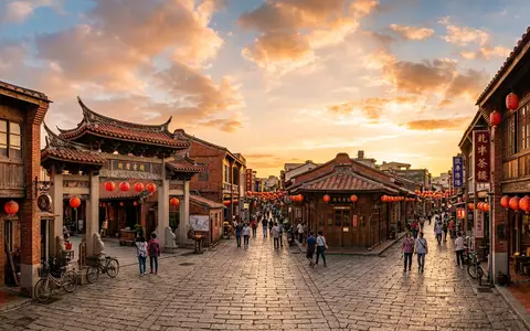 Fotorealistische Panoramaaufnahme von Lukang Old Street in Changhua Taiwan, warmes Abendlicht auf Wahrzeichen - Foto: THN