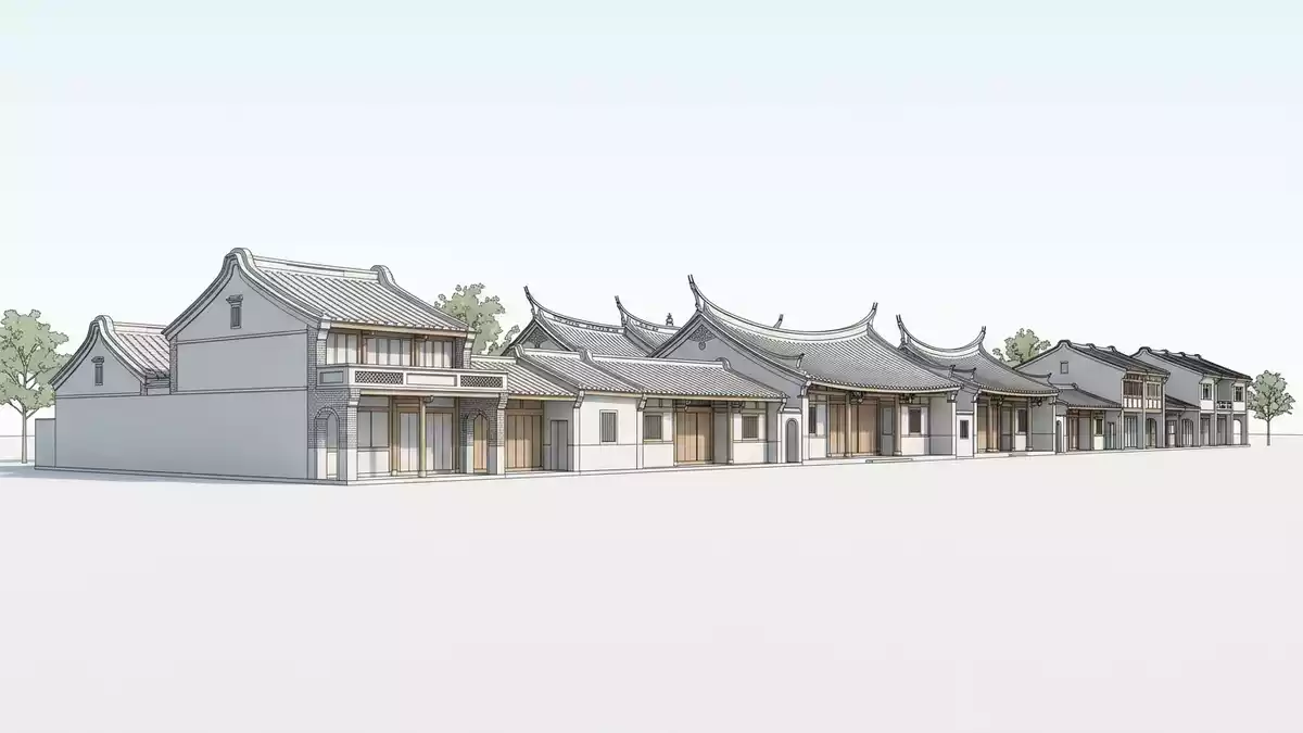 Architektur-Render von Lukang Old Street in Changhua, Taiwan bei Tageslicht