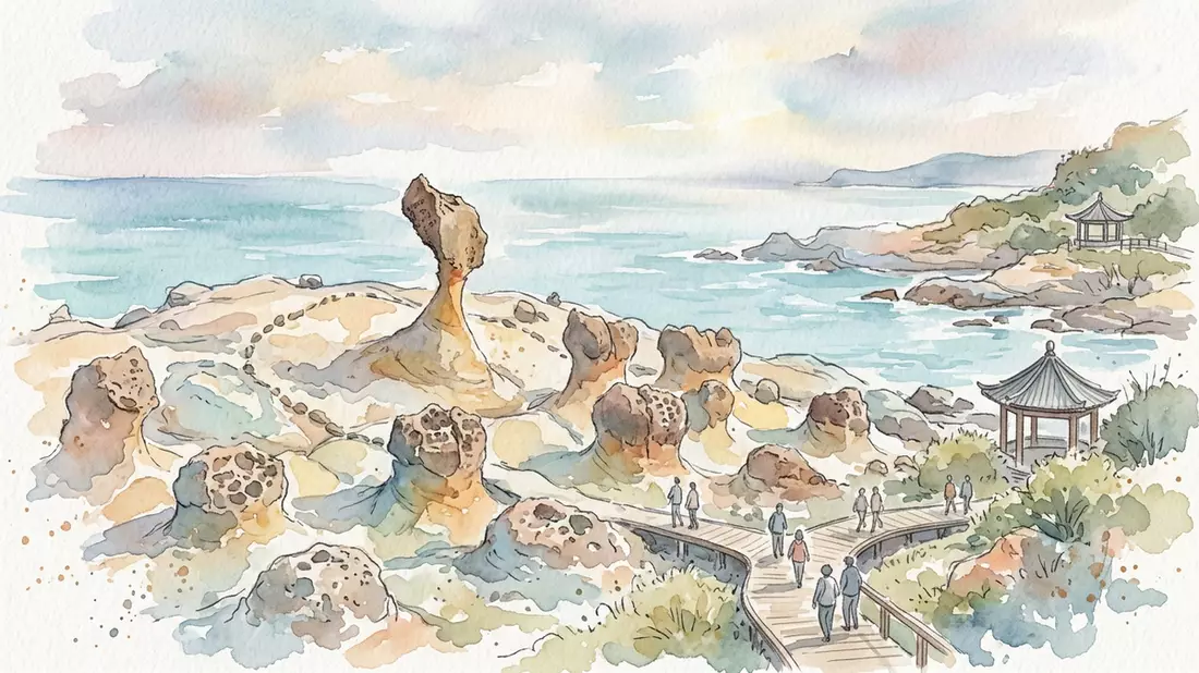 Aquarell-Illustration von Yehliu-Geopark in Neu-Taipeh, Taiwan als Reiseposter