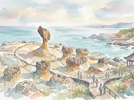 Aquarellillustration des Wahrzeichens Yehliu-Geopark in Neu-Taipeh Taiwan, weiche Farbverläufe und pastelliges Reiseposter-Feeling - Foto: THN