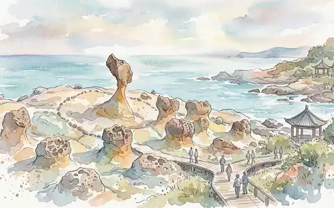 Aquarellillustration des Wahrzeichens Yehliu-Geopark in Neu-Taipeh Taiwan, weiche Farbverläufe und pastelliges Reiseposter-Feeling - Foto: THN