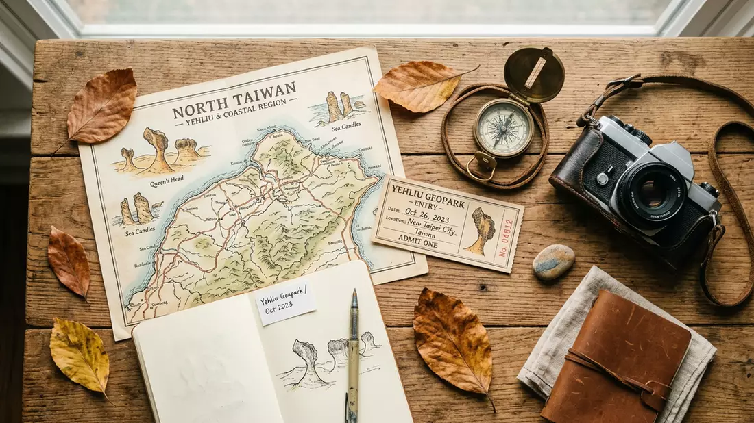 Flatlay-Reise-Arrangement rund um Yehliu-Geopark in Neu-Taipeh, Taiwan