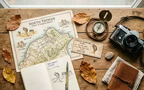 Flatlay-Reise-Arrangement rund um Yehliu-Geopark in Neu-Taipeh Taiwan, Karte Kompass Kamera und generische Reiserequisiten - Foto: THN
