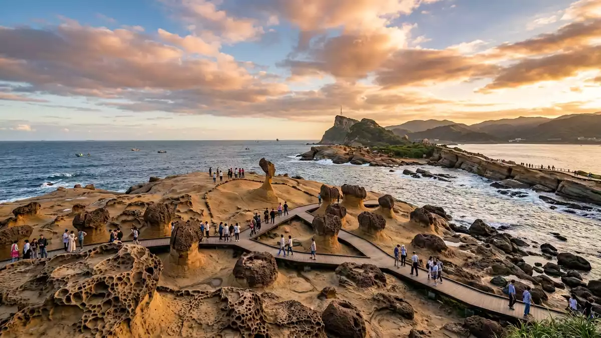 Fotorealistische Ansicht von Yehliu-Geopark in Neu-Taipeh, Taiwan im Abendlicht