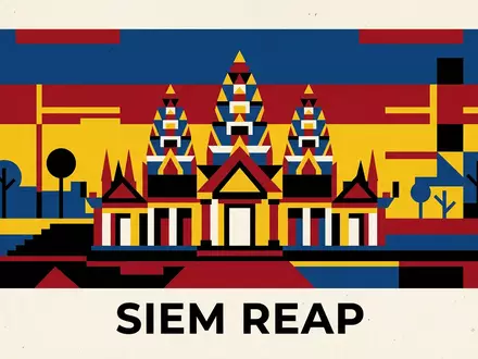 Bauhaus-Poster als geometrische Abstraktion von Banteay Srei in Siem Reap Kambodscha, kraeftige Grundfarben und harte - Foto: THN