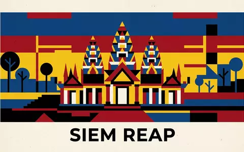 Bauhaus-Poster als geometrische Abstraktion von Banteay Srei in Siem Reap Kambodscha, kraeftige Grundfarben und harte - Foto: THN