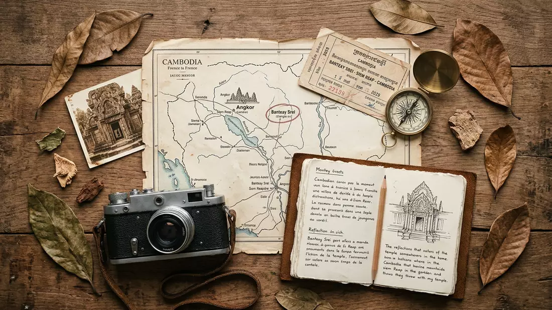 Flatlay-Reise-Arrangement rund um Banteay Srei in Siem Reap, Kambodscha