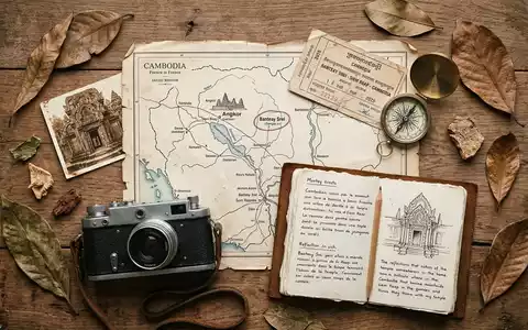 Flatlay-Reise-Arrangement rund um Banteay Srei in Siem Reap Kambodscha, Karte Kompass Kamera und generische Reiserequisiten - Foto: THN