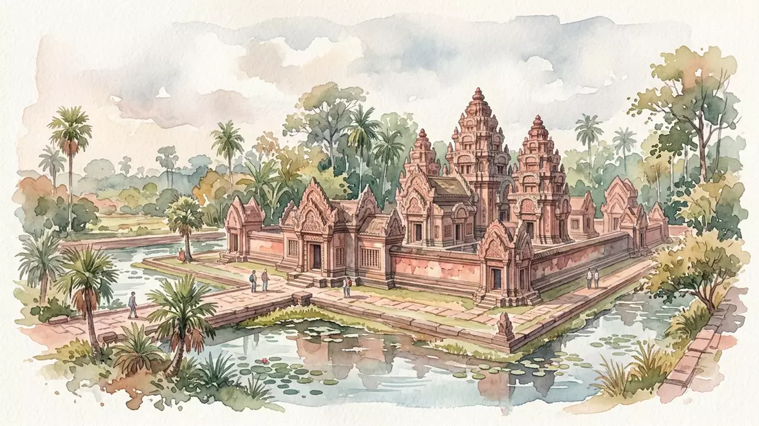 Aquarell-Illustration von Banteay Srei in Siem Reap, Kambodscha als Reiseposter