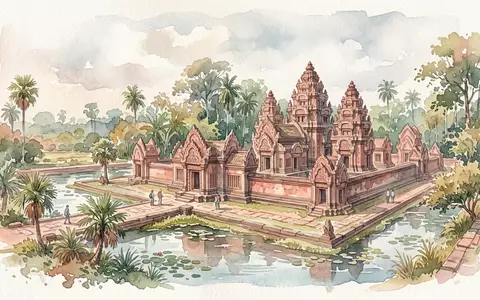 Aquarellillustration des Wahrzeichens Banteay Srei in Siem Reap Kambodscha, weiche Farbverläufe und pastelliges Reiseposter-Feeling - Foto: THN