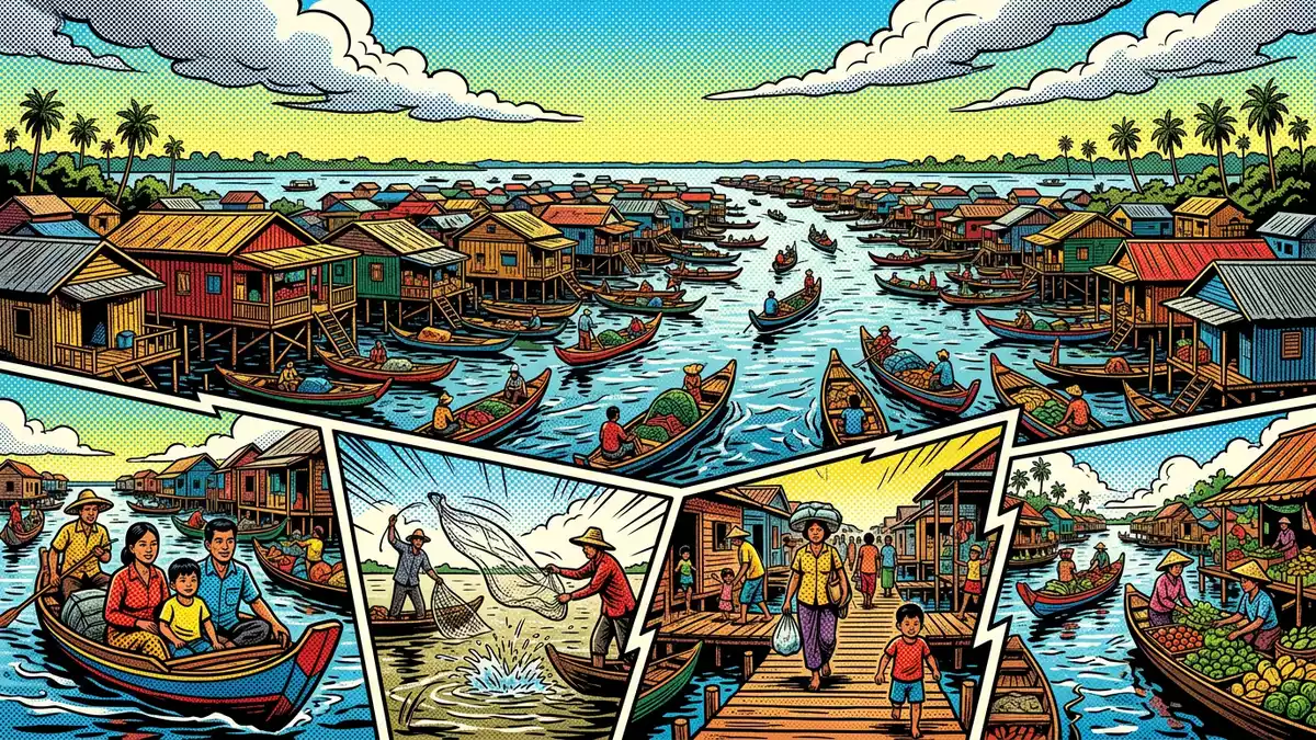Pop-Art-Comic von Schwimmende Dorfer Tonle Sap in Siem Reap, Kambodscha mit Rasterpunkten
