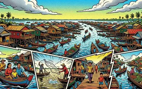 Pop-Art-Comicillustration des Wahrzeichens Schwimmende Dorfer Tonle Sap in Siem Reap Kambodscha, kraeftige Konturen Rasterpunkte und - Foto: THN