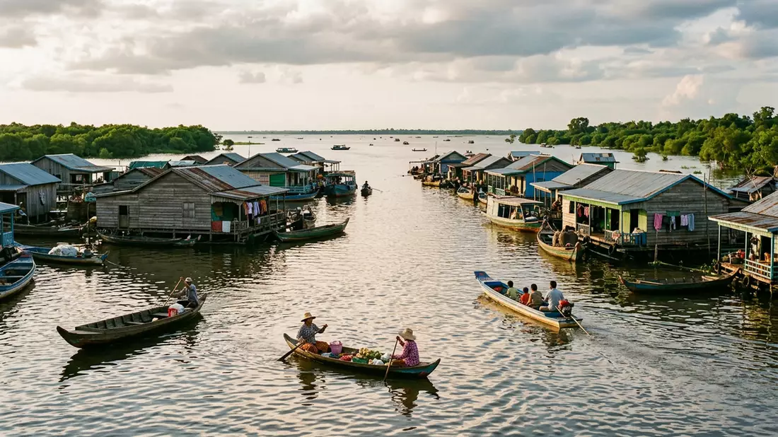 Editorial-Reisemagazinbild vom Wahrzeichen Schwimmende Dorfer Tonle Sap in Siem Reap, Kambod…