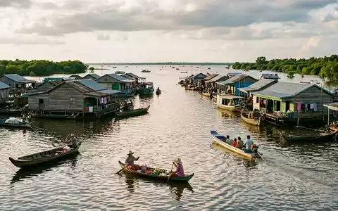 Editorialbild im Reisemagazin-Stil vom Wahrzeichen Schwimmende Dorfer Tonle Sap in Siem Reap Kambodscha, ausgewogene Bildgestaltung - Foto: THN
