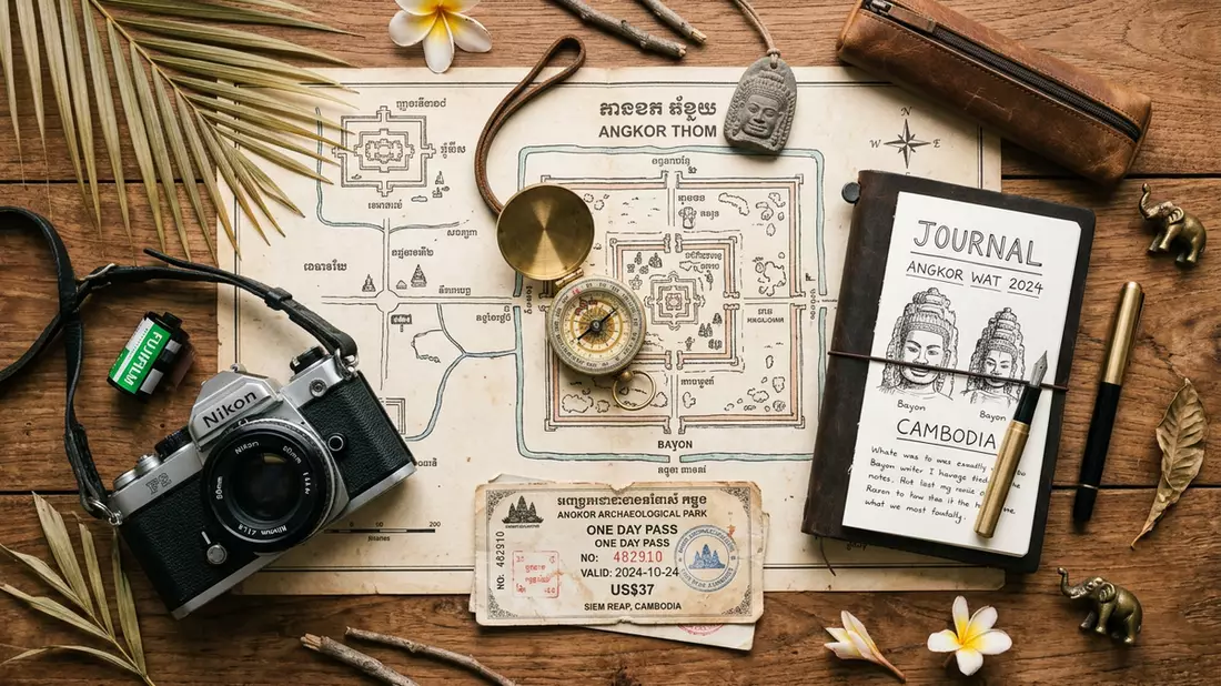 Flatlay-Reise-Arrangement rund um Angkor Thom in Siem Reap, Kambodscha