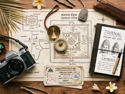 Flatlay-Reise-Arrangement rund um Angkor Thom in Siem Reap Kambodscha, Karte Kompass Kamera und generische Reiserequisiten - Foto: THN