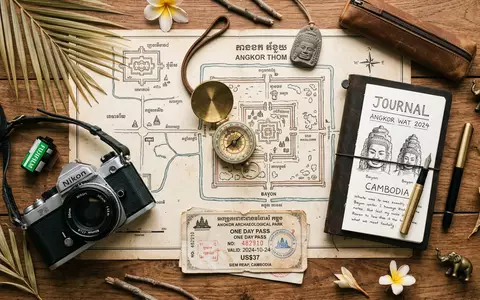Flatlay-Reise-Arrangement rund um Angkor Thom in Siem Reap Kambodscha, Karte Kompass Kamera und generische Reiserequisiten - Foto: THN
