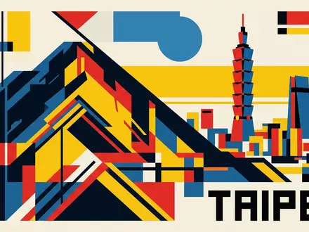 Bauhaus-Poster als geometrische Abstraktion von Elephant Mountain Taipeh in Taipeh Taiwan, kraeftige Grundfarben und harte - Foto: THN