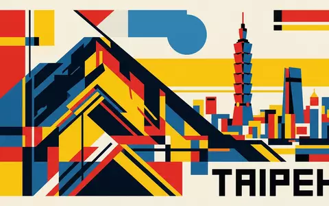 Bauhaus-Poster als geometrische Abstraktion von Elephant Mountain Taipeh in Taipeh Taiwan, kraeftige Grundfarben und harte - Foto: THN