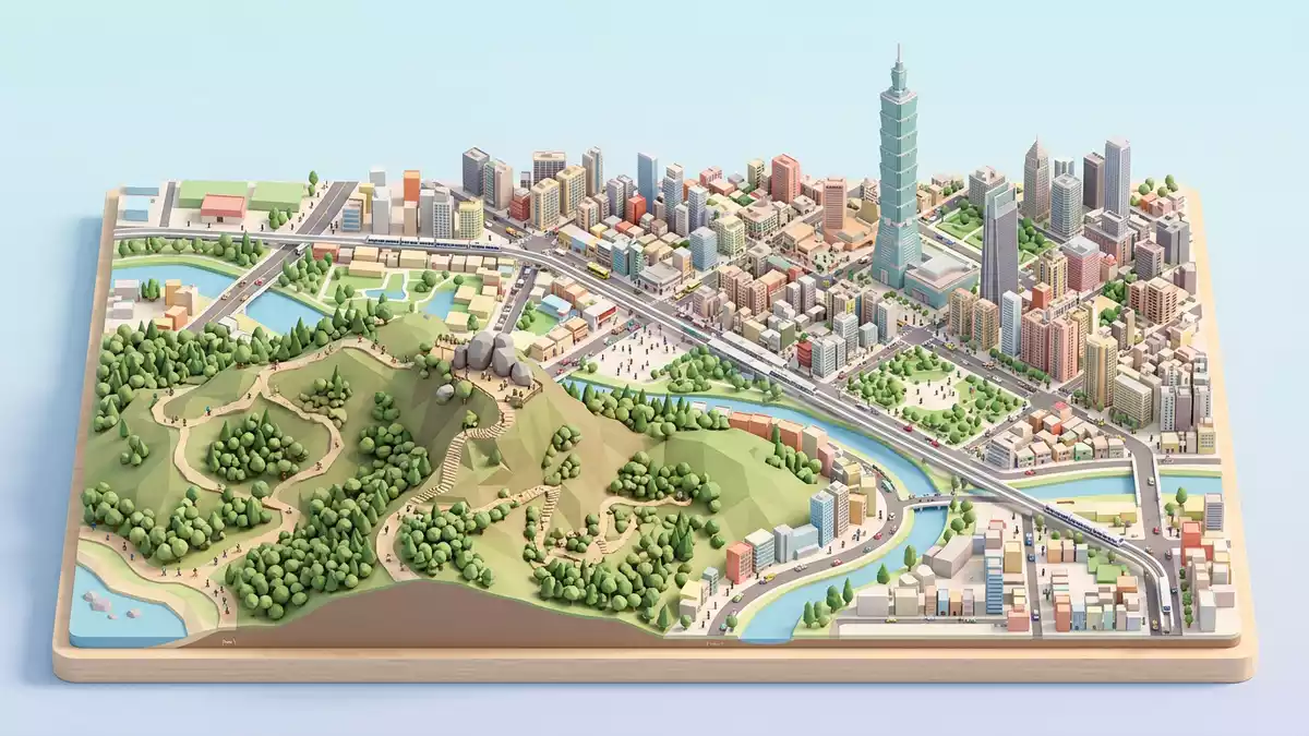 Isometrisches Diorama von Elephant Mountain Taipeh in Taipeh, Taiwan in Pastell