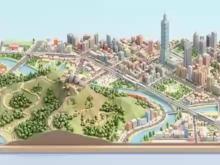 Isometrisches Diorama von Elephant Mountain Taipeh und Umgebung in Taipeh Taiwan, verspielte Low-Poly-Kulisse in Pastellfarben - Foto: THN