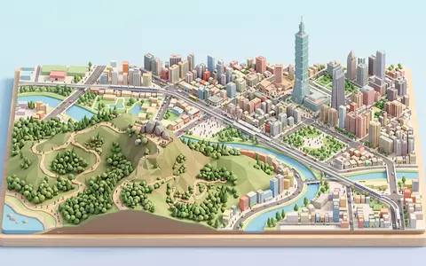 Isometrisches Diorama von Elephant Mountain Taipeh und Umgebung in Taipeh Taiwan, verspielte Low-Poly-Kulisse in Pastellfarben - Foto: THN