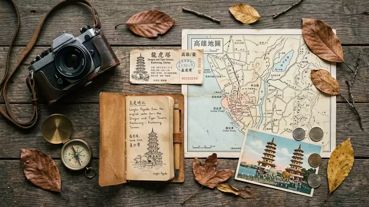 Flatlay-Reise-Arrangement rund um Drachen-und-Tiger-Pagoden in Kaohsiung, Taiwan