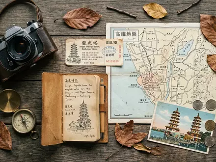 Flatlay-Reise-Arrangement rund um Drachen-und-Tiger-Pagoden in Kaohsiung Taiwan, Karte Kompass Kamera und generische Reiserequisiten - Foto: THN