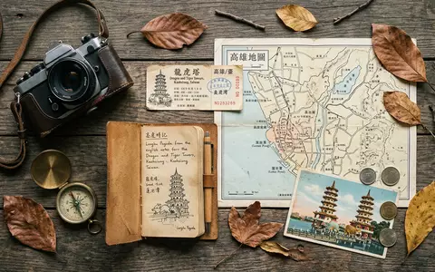 Flatlay-Reise-Arrangement rund um Drachen-und-Tiger-Pagoden in Kaohsiung Taiwan, Karte Kompass Kamera und generische Reiserequisiten - Foto: THN