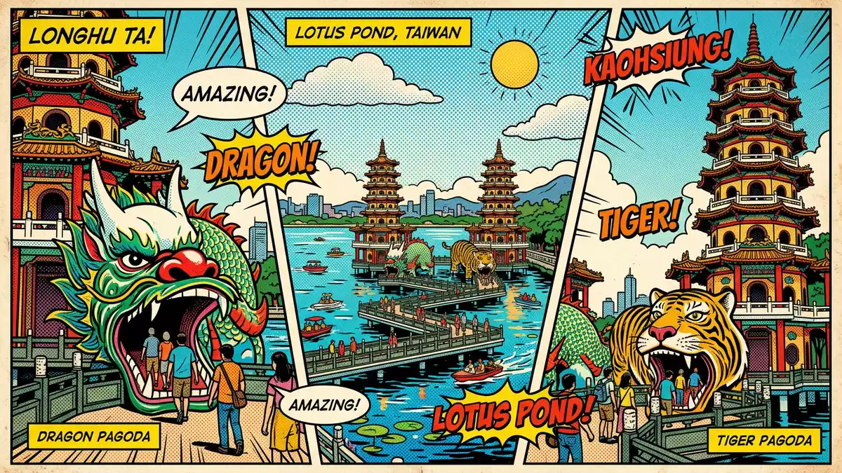 Pop-Art-Comic von Drachen-und-Tiger-Pagoden in Kaohsiung, Taiwan mit Rasterpunkten