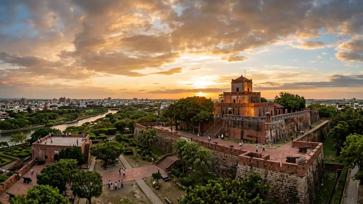 Fotorealistische Ansicht von Fort Anping in Tainan, Taiwan im Abendlicht