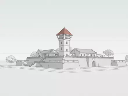 Moderner Architektur-Render zeigt Silhouette von Fort Anping in Tainan Taiwan, klare Linien und neutrales Tageslicht - Foto: THN