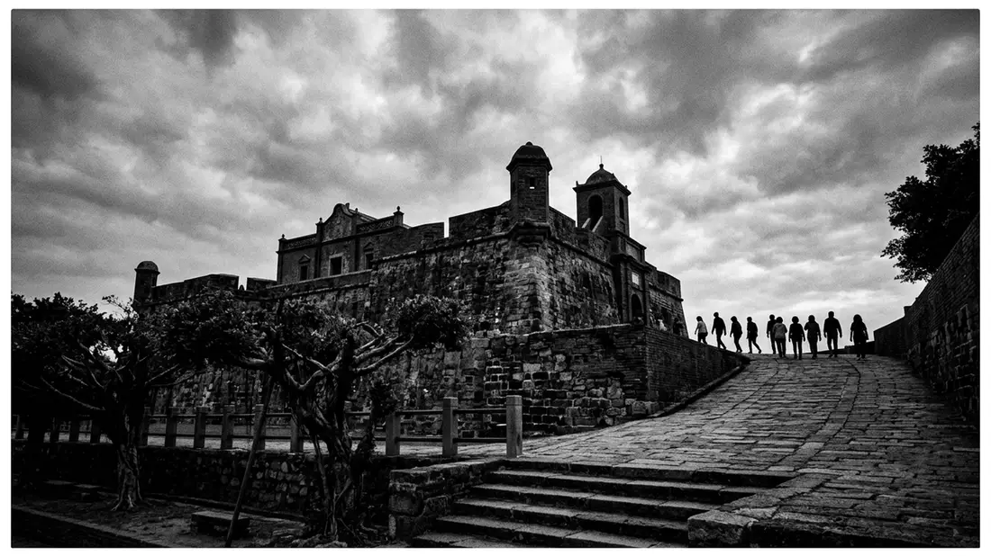 Schwarzweiss-Reportage vom Wahrzeichen Fort Anping in Tainan, Taiwan