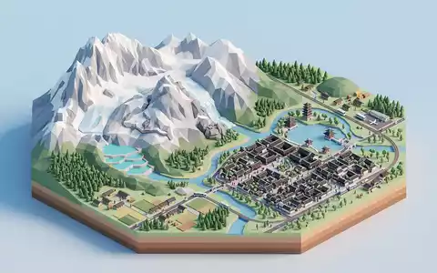 Isometrisches Diorama von Jadedrachen-Schneeberg und Umgebung in Lijiang China, verspielte Low-Poly-Kulisse in Pastellfarben - Foto: THN