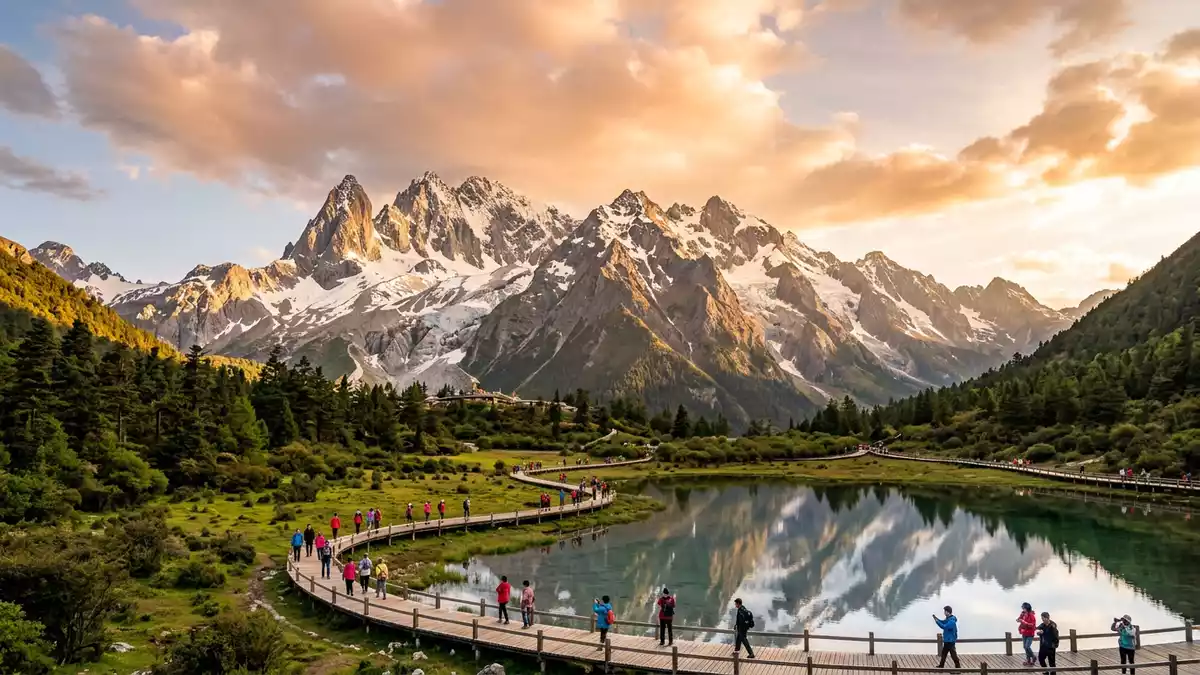 Fotorealistische Ansicht von Jadedrachen-Schneeberg in Lijiang, China im Abendlicht