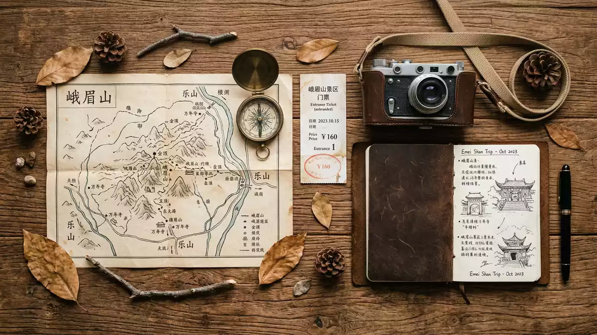 Flatlay-Reise-Arrangement rund um Emei-Berg in Leshan, China