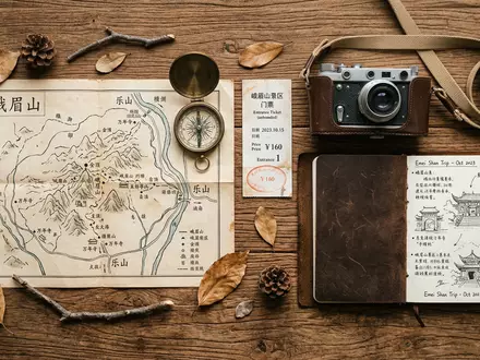 Flatlay-Reise-Arrangement rund um Emei-Berg in Leshan China, Karte Kompass Kamera und generische Reiserequisiten - Foto: THN