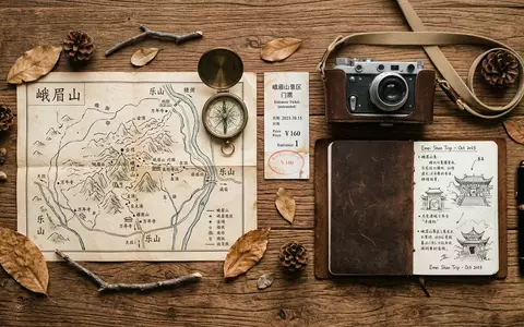 Flatlay-Reise-Arrangement rund um Emei-Berg in Leshan China, Karte Kompass Kamera und generische Reiserequisiten - Foto: THN