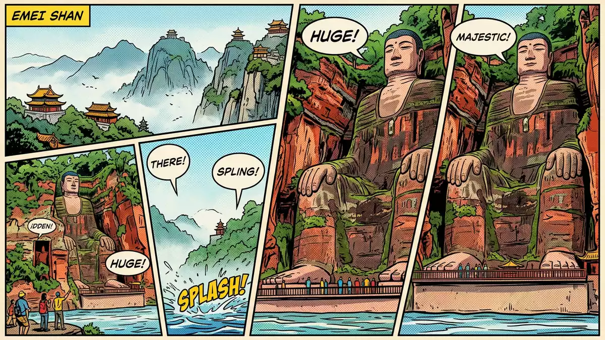 Pop-Art-Comic von Emei-Berg in Leshan, China mit Rasterpunkten