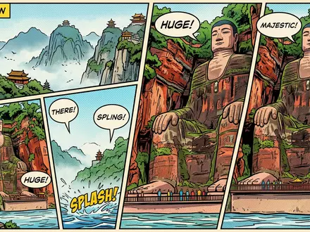 Pop-Art-Comicillustration des Wahrzeichens Emei-Berg in Leshan China, kraeftige Konturen Rasterpunkte und satte Farben - Foto: THN