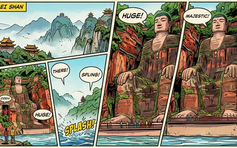 Pop-Art-Comicillustration des Wahrzeichens Emei-Berg in Leshan China, kraeftige Konturen Rasterpunkte und satte Farben - Foto: THN