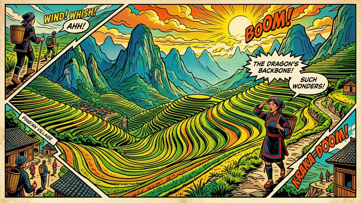 Pop-Art-Comic von Longji-Reisterrassen in Guilin, China mit Rasterpunkten